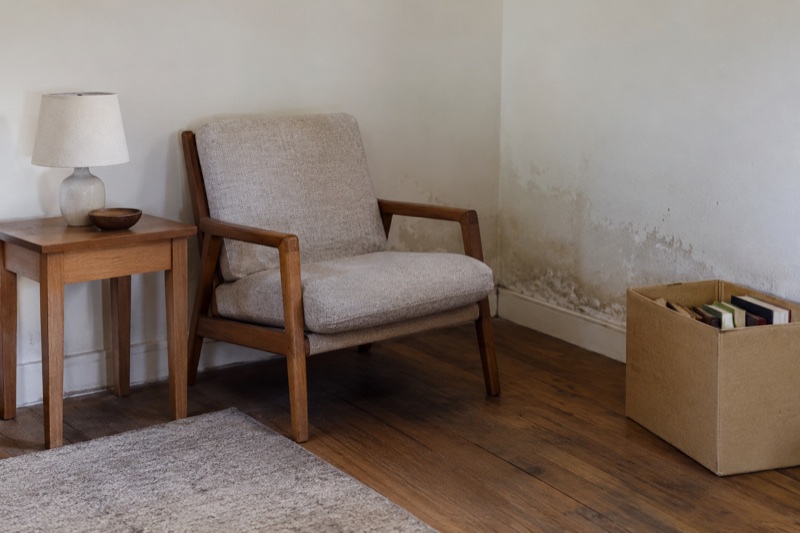 Furniture and books beside a moisture-stained wall